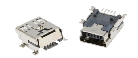 Mini USB SMT socket type B - Long pin (5 connection) flat mount