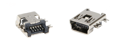 Mini USB SMT socket type B - Long pin (5 connection) flat mount with tails